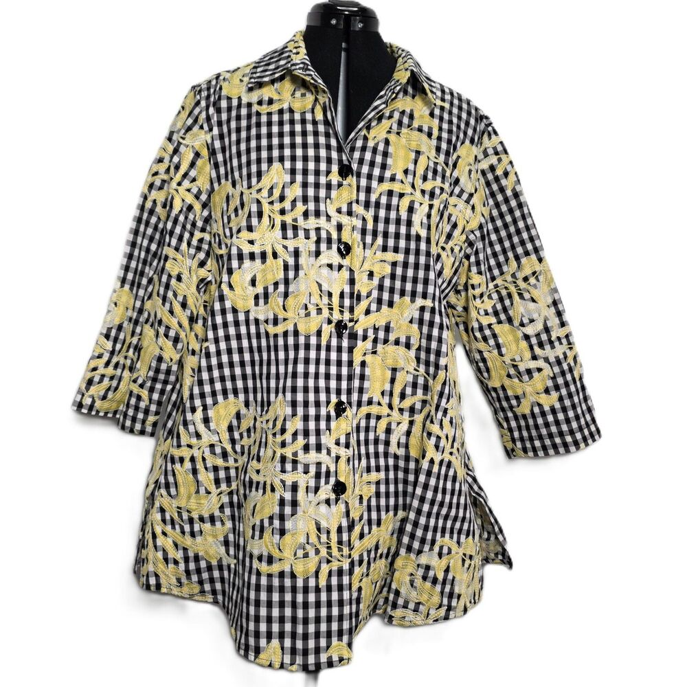 VTG Caroline Rose Yellow Checkered Gingham Floral Embroidered Tunic Jacket L USA